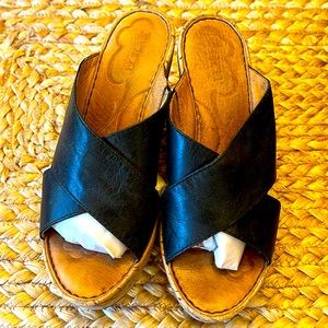 Born black leather sandal wedges